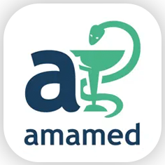 App-Icon der Amamed-Anwendung mit einem Schlangen- und Kelch-Symbol. In der Trommsdorff Apotheke in Erfurt