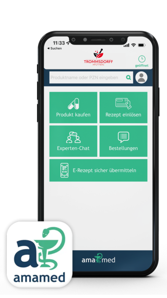 Smartphone zeigt die Benutzeroberfläche der Trommsdorff Apotheke App mit verschiedenen Optionen. In der Trommsdorff Apotheke in Erfurt