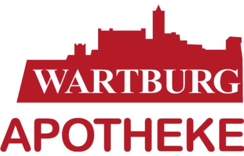 Logo der Wartburg Apotheke in roter Schrift mit Silhouette der Wartburg im Hintergrund. In der Trommsdorff Apotheke in Erfurt